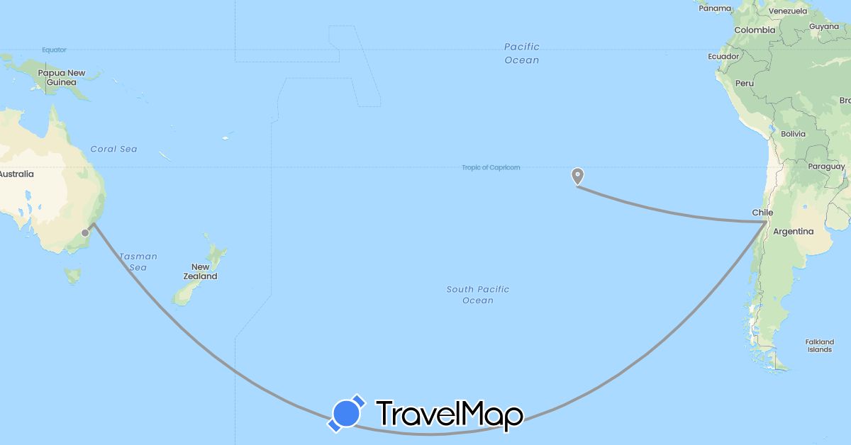 TravelMap itinerary: driving, plane in Australia, Chile (Oceania, South America)